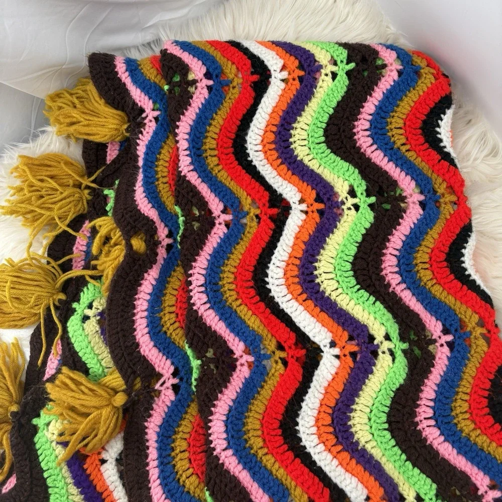 Vintage Mid Century Multi Crochet Zig Zag Pattern Afghan 54